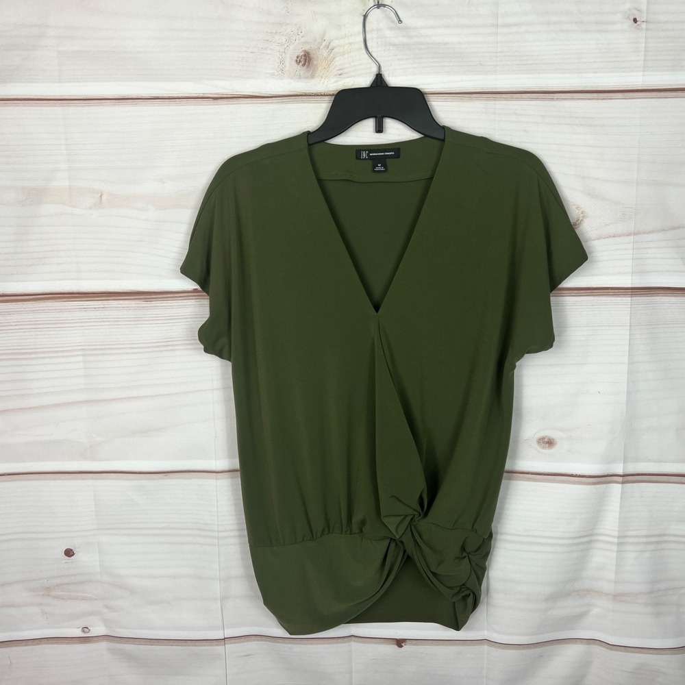INC Concepts Top‎ Womens M Green Faux Wrap Knit Blouse Dolman Sleeve Twist Front